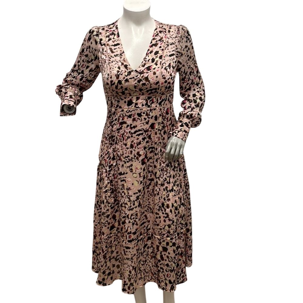Ted Baker London Luceeya Pink Leopard Print Midi Dress Long Sleeve Sz  3 US 8-10